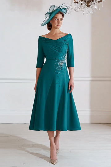 Peacock Green A-Line Midi Mother Of The Bride Dress With Beading